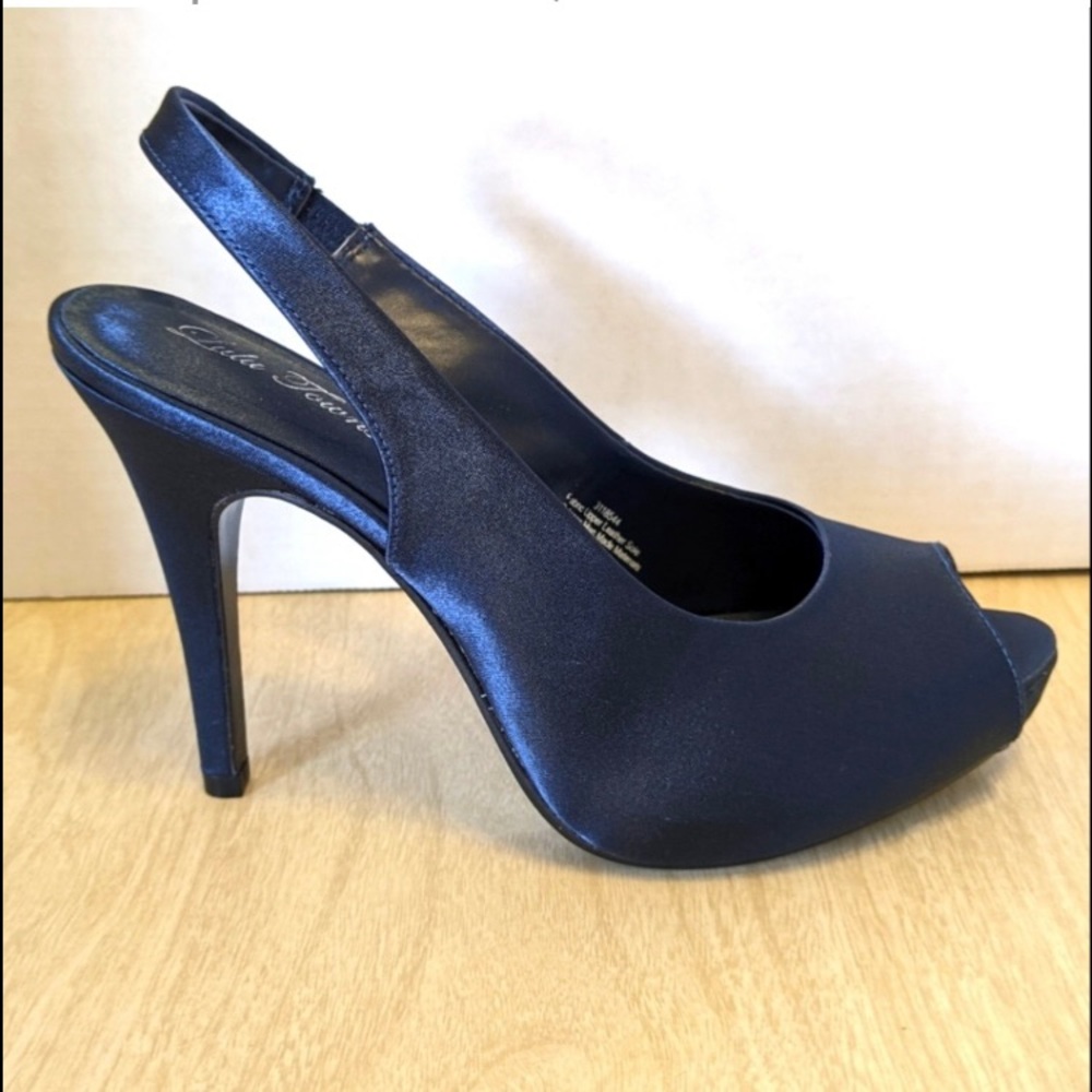 Lulu Townsend Navy Blue Satin Slingback Peep Toe Heels 8